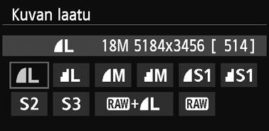 Kunkin tallennuslaadun pikselimäärä ja mahdollisten otosten määrä tulee näkyviin, mikä helpottaa laadun valintaa. Paina sitten <Q/0>painiketta.