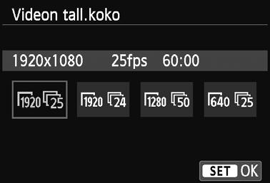 3 Videon tallennuskoon määrittäminen Valikkokomennolla [Z1: [Videon tall.koko] voit valita videon kuvakoon [****x****] ja kuvanopeuden [9] (kuvaa sekunnissa).