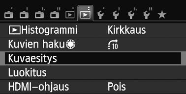 3 Kuvaesitys (automaattinen toisto) Voit näyttää korttiin tallennetut kuvat automaattisena kuvaesityksenä. 1 Valitse [Kuvaesitys].