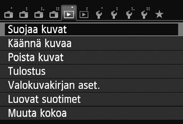 K Kuvien suojaaminen Suojaamalla kuvan voit estää sen poistamisen vahingossa. 3 Yhden kuvan suojaaminen 1 2 Valitse [Suojaa kuvat].