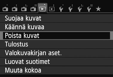 Jos poistat 1+73-kuvan, sekä RAWettä JPEG-kuva poistetaan. Yksittäisen kuvan poistaminen 1 2 3 Tuo poistettava kuva näyttöön. Paina <XL>-painiketta. Poistovalikko tulee näkyviin näytön alaosaan.