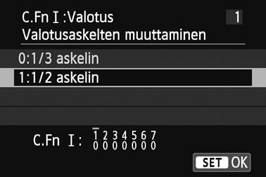 Muuta asetus haluamaksesi. Valitse asetus (numero) painamalla <Wj/i>/<XL>-painiketta ja paina sitten <Q/0>. Toista vaiheet 2 ja 3, jos haluat määrittää muita valinnaisia toimintoja.