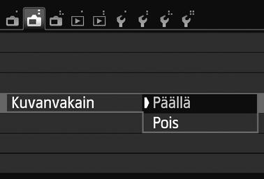 1 Paina <M>-painiketta. 2 3 Valitse [A2]-välilehdessä [Kuvanvakain]. Valitse <YA>/<ZO>-painiketta painamalla [A2]-välilehti.