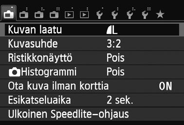 3 Valikkotoiminnot Valikkoasetusten määrittäminen 56 1 2 3 4 5 6 Näytä valikkonäyttö. Paina <M>-painiketta. Valitse välilehti. Valitse välilehti painamalla <YA>/ <ZO>-painiketta.