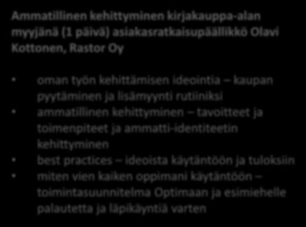 oppi- ja tietokirjallisuuteen tutustuminen asiantuntijoiden opastuksella kirjailijavierailu ammattina kirjailija Ammatillinen kehittyminen kirjakauppa-alan myyjänä (1 päivä)