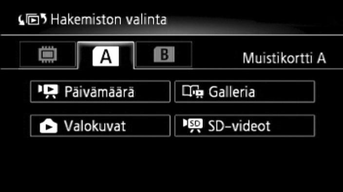 Kuvahakemiston valintaruutu: toistettavan sisällön valinta Kuvahakemiston valintaruutu: toistettavan sisällön valinta Voit valita kuvahakemiston valintanäytöltä toistettavan sisällön (esim.