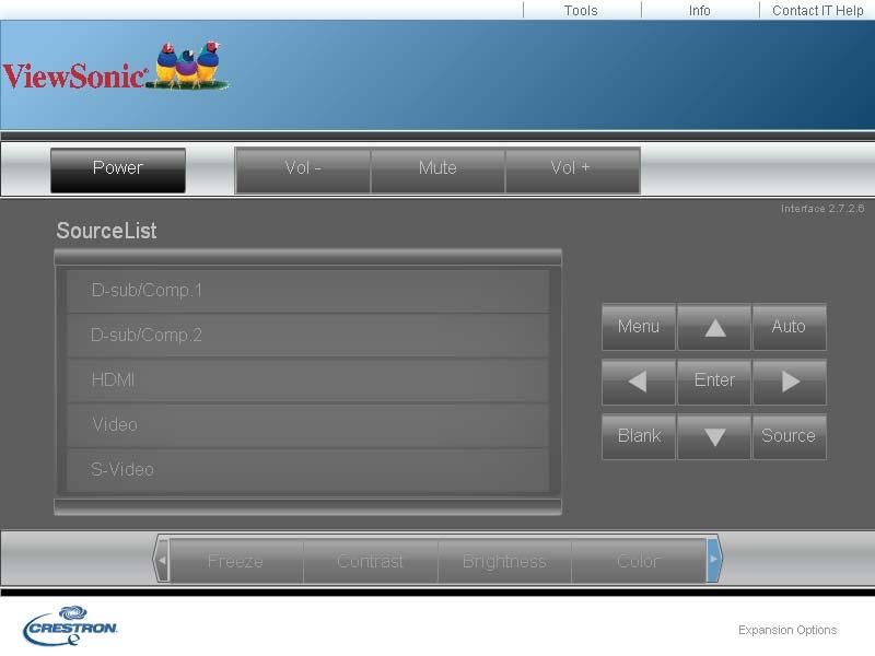 Lisätietoa Crestron e-control -sivusta 1. Crestron e-control -sivu tarjoaa erilaisia virtuaalinäppäimiä projektorin hallitsemiseen tai projisoitujen kuvien säätämiseen.