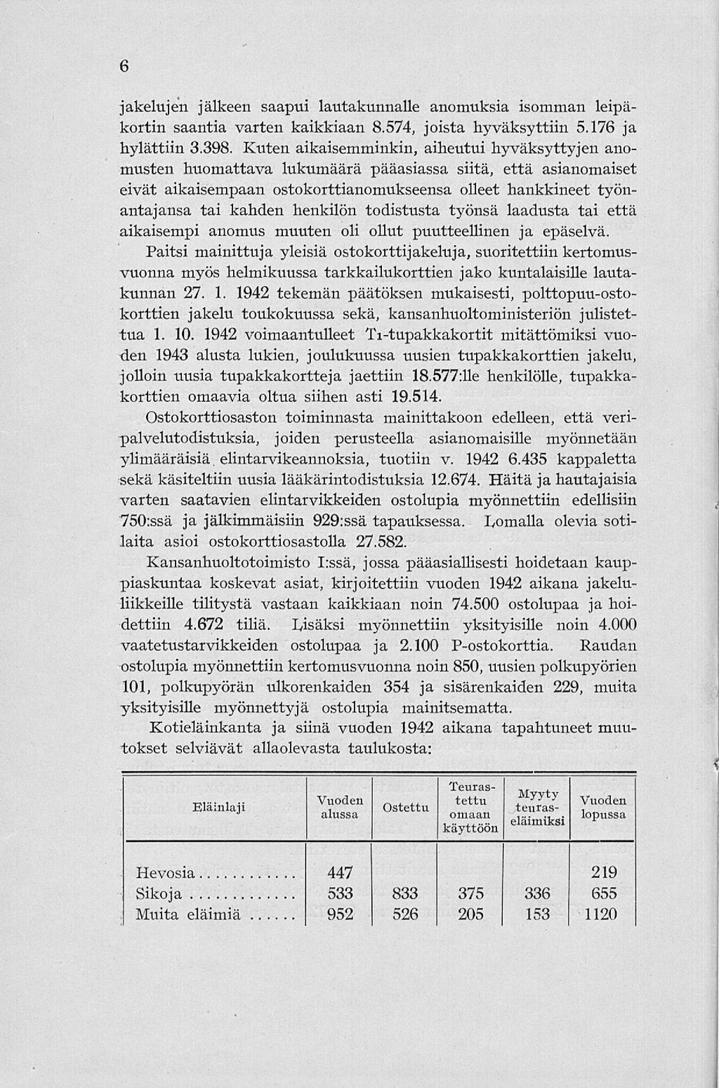 6 jakelujen jälkeen saapui lautakunnalle anomuksia isomman leipäkortin saantia varten kaikkiaan 8.574, joista hyväksyttiin 5.176 ja hylättiin 3.398.