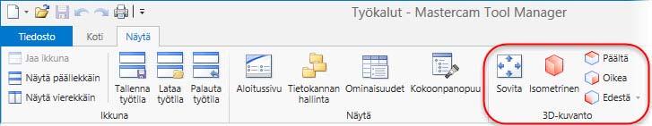 18 MASTERCAM X9/ Työkalujen hallinnan työtilan muokkaaminen 3 Ikkuna-kohdan painikkeilla muutetaan työtilan asettelua.