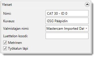 38 MASTERCAM X9/ Työkalukirjaston komponenttien käyttö 6 Varmista, että Ominaisuuksien viimeistely -sivun asetukset vastaavat alla olevaa kuvaa. 7 Tallenna muutokset klikkaamalla Valmis.