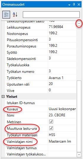 46 MASTERCAM X9/ Työkalukirjaston komponenttien käyttö 2 Tee Ominaisuudet-taulukkoon muutoksia seuraavalla tavalla: Kirjoita Uusi kokoonpanon työkalu Kuvaus-kenttään.