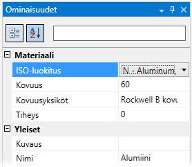 MATERIAALIEN JA TYÖSTÖPARAMETRIEN MUOKKAAMINEN 49 3 Valitse Materiaalit-dokumentin ensimmäinen rivi ja anna materiaalin Ominaisuudet-taulukon parametrit seuraavasti: Kirjoita Nimi-kenttään Alumiin.