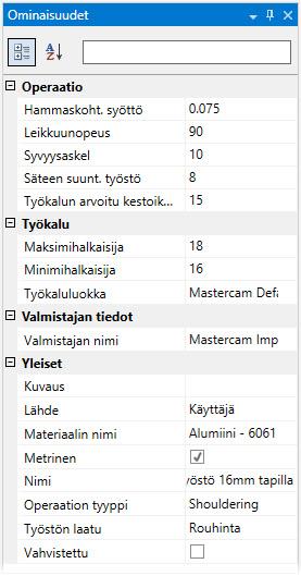 50 MASTERCAM X9/ Työkalukirjaston komponenttien käyttö 1 Klikkaa Työstöparametri-painiketta. Työstöparametrit-dokumentti avautuu ja taulukkoon lisätään uusi rivi.