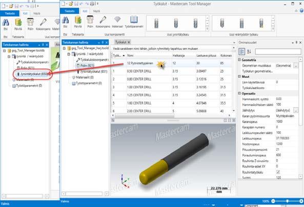 TYÖKALUKOMPONENTTIEN KOPIOIMINEN TYÖKALUKIRJASTOJEN VÄLILLÄ 55 7 Vedä 12 pyöristettypäinen kohtaan Jyrsintätyökalut Tool Manageriin, jossa gsg_tool_manager.tooldb -tietokanta on avoinna.