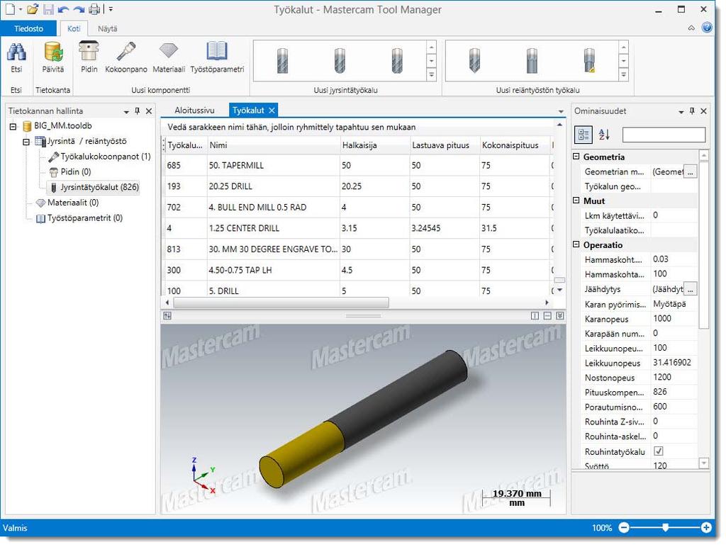 LUKU 1 1Mastercam Tool Manager Tässä luvussa tutustutaan Tool Managerin käyttöliittymään, verrataan Tool Manageria Mastercamin perinteiseen Mill/Router- ja Lathe-sovellusten Työkalujen hallintaan ja