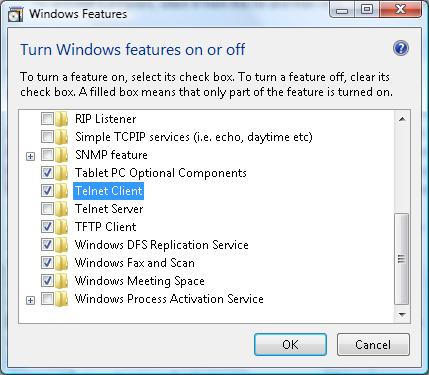 Käyttäjän ohjaimet 3. Avaa toiminto valitsemalla Windowsin ominaisuuksien ottaminen käyttöön tai poistaminen käytöstä. Suomi 4. Valitse Telnet-asiakas -valinta ja paina OK -painiketta.