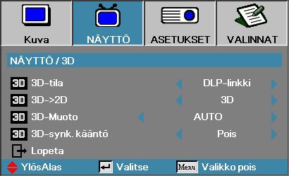Käyttäjän ohjaimet Näyttö 3D-tila 4 DLP Link: Valitse DLP Link käyttääksesi DLP Link 3D -laseissa optimaalisia asetuksia.
