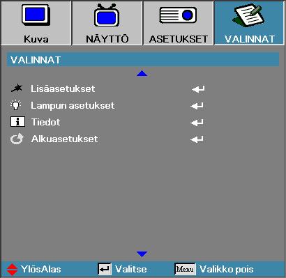 Käyttäjän ohjaimet Valinnat v Kun Virtatilan (Valmiustila) asetus on Ekovalmiustila, VGA- ja audioläpiajo, RS-232 ja RJ45 deaktivoidaan, kun projektori on valmiustilassa.