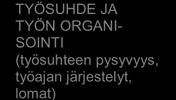 kehittyminen, urasuunnittelu, urapolut) PALAUTEJÄRJESTEL- MÄT/ OSALLAISTUMIS PROSESSIT (palaute esimieheltä, alaiselta ja kollegalta, TYÖSUHDE JA TYÖN ORGANI- SOINTI (työsuhteen pysyvyys,