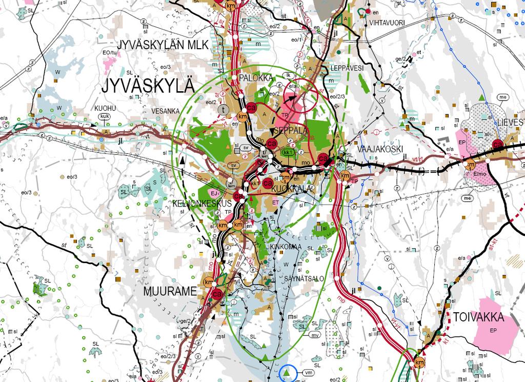 Vahtivuori Mörkökorpi Seivässuo Maakuntavaltuuston 16.5.2007 hyväksymä maakuntakaava Jyväskylän seudulta. Suunnitellut jätteenkäsittelykeskuksen vaihtoehtoiset alueet ovat punaisella ympyrällä.