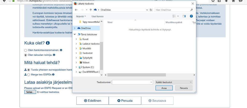 ALOITETAAN! Ohjeet miten toimia eri vaiheissa 1. Mene hankintailmoituksen liitteisiin 2. Tallenna tarjouspyynnön liitteenä oleva Liite 5a ESPD-lomake.xml -tiedosto tietokoneellesi 3.