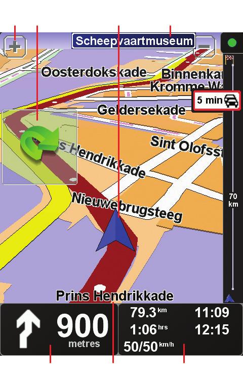 2. Ajonäkymä Ajonäkymä Kun TomTom NAVIGATOR käynnistyy, näkyviin tulee ajonäkymä sekä yksityiskohtaiset tiedot nykyisestä sijainnistasi. Napauta näytön keskustaa, kun haluat avata Päävalikon. Huom.