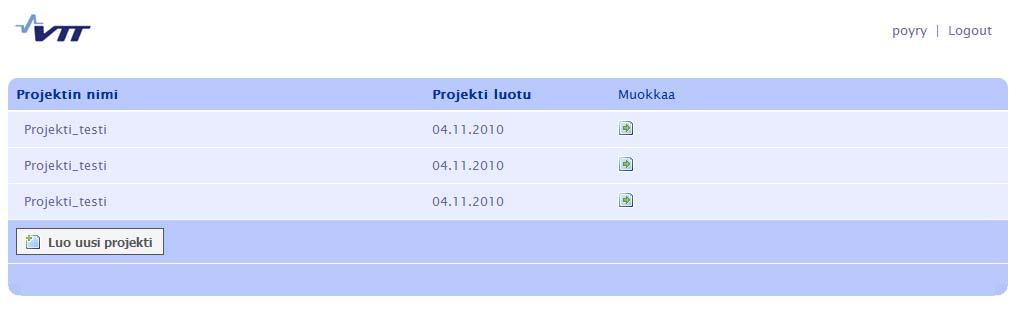 Projektilistaus Kirjautumisen jälkeen sovellus listaa projektit allekkain.