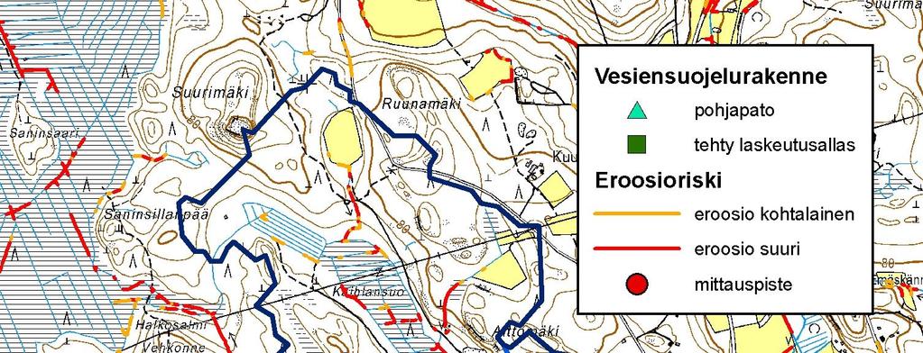 Kuva 9. Töyrylän ojan valuma-alueet, ehdotetut vesiensuojelurakenteet, uomien eroosioriski ja mittauspiste.