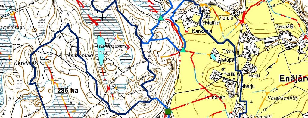 keskisinisellä. Töyrylän ojan valuma-alueen pinta-alan mittauspiste on merkattu punaisella ympyrällä rannan lähelle.