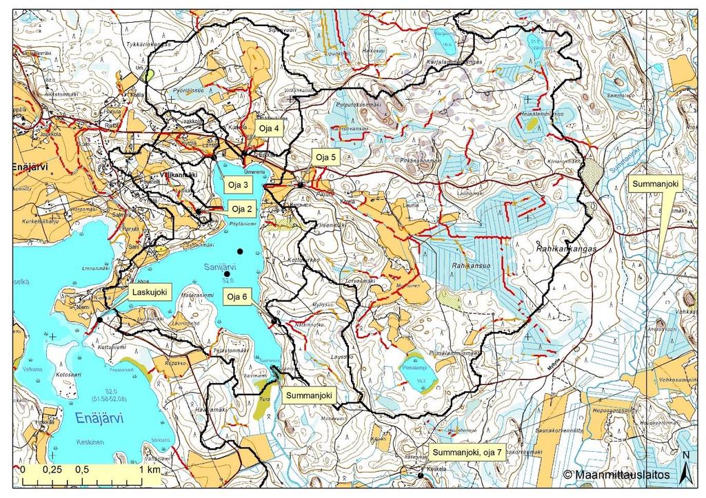 Kuva 22. Sanijärven ojavesinäytteenoton näytepisteet 31.10.2013. Kuvassa näkyvät myös ojien osavaluma-aluerajaukset (value-työkalu) sekä ojien eroosioriski (Metsäkeskuksen eroosioriskiaineisto).