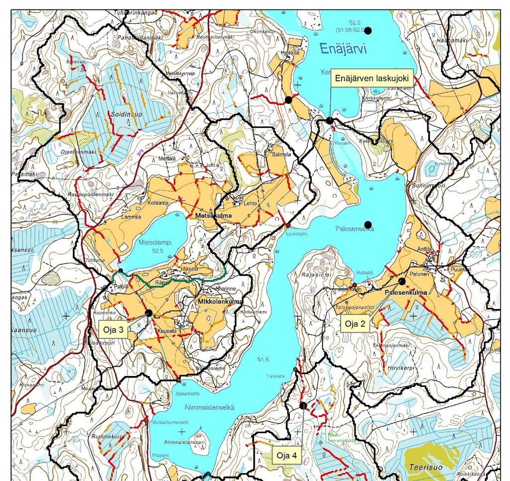 Kuva 26. Palonselän ojavesinäytteenoton näytepisteet 31.10.2013.