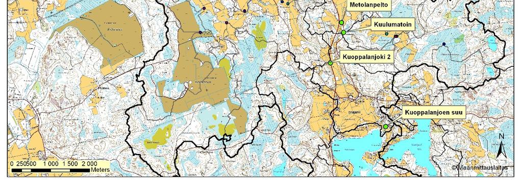 Tulokset ovat taulukoituna Liitteessä 1. Kuva 30. Enäjärveen laskevan Kuoppalanjoen yläosan ojavesinäytteenoton näytepisteet 15.5.2014.