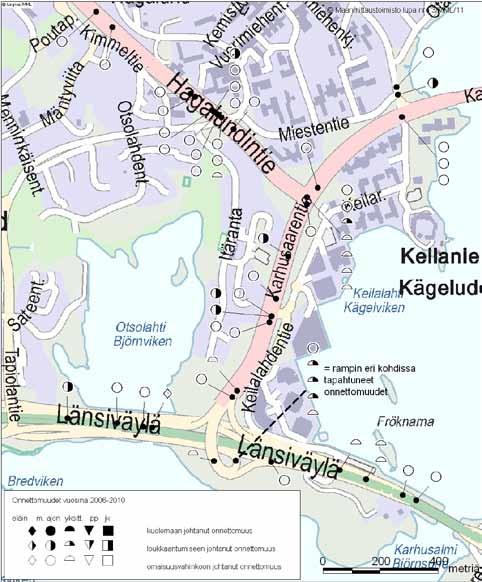 2.3.4. Liikenneturvallisuus Vuosina 2006 2010 suunnittelualueella tapahtui yhteensä lähes 40 liikenneonnettomuutta. Näistä 8 johti henkilövahinkoon, ja niissä loukkaantui yhteensä 8 henkilöä.