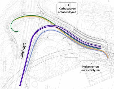 Ve 3 Länsiväylän Helsingin suunnan saksiramppi kahdella kaistalla Periaate: Länsiväylältä Helsingin suunta tuodaan kahdella kaistalla Hangon suunnan ylitse.