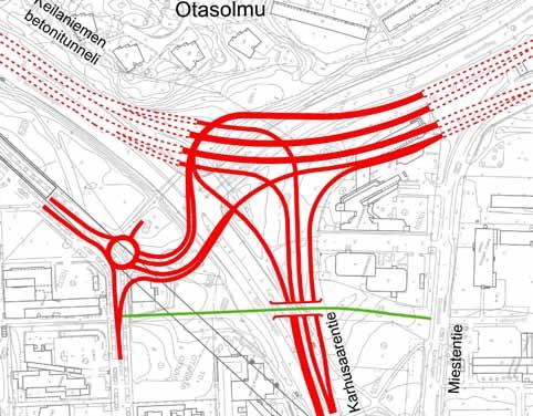 Ve C Tunnelista tulevan keskimmäisen kaistan halkaisu, periaateratkaisu Periaate: Tunnelin oikea (Otasolmusta tuleva) kaista johtaa Länsiväylälle / Tapiolaan.