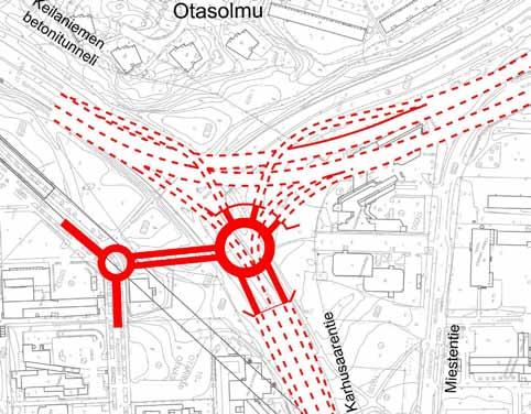 Liittymä on sijoitettu mahdollisimman kauas Itärannasta ja lisätilaa on haettu purkamalla olemassa oleva liikerakennus.
