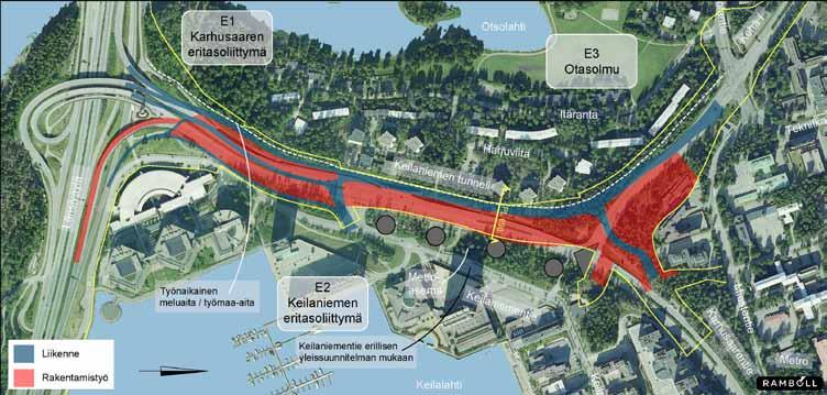 Keilaniemen tunnelin ja Otasolmun, työnaikaisten liikennejärjestelyjen periaatteet Kuva 55.