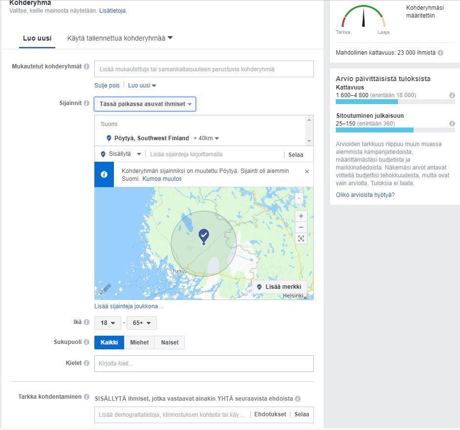 Monipuoliset kampanjan kohdennusmahdollisuudet - esim. sijainti, demografiset tekijät (ikä, sukupuoli), kiinnostuksen kohteet, koulutus/ammatti.