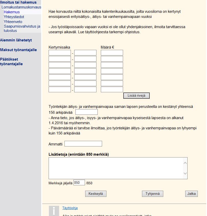 Hakemus 1/2 Tekstikentissä