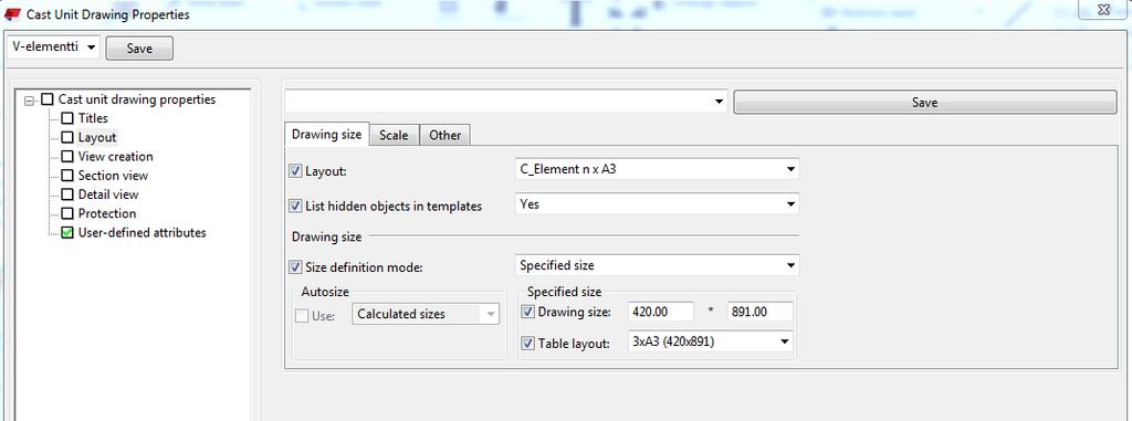 20 (32) 4.2 Cast Unit drawing properties -valikko Cast unit -valikossa (kuva 20) määritellään otsikot piirustuksille ja minkälaisia näkymiä halutaan muodostaa.