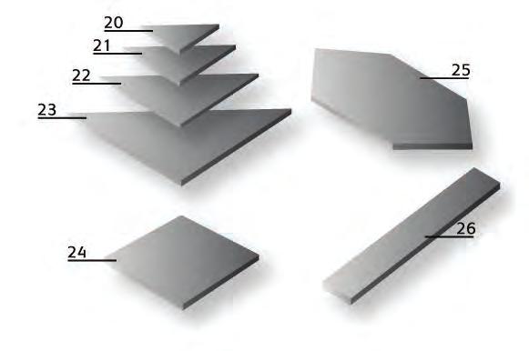 111 Liukuestelaattaa saatavana kaikissa väreissä. Tuotteiden 16 ja 19 valmistus lopetettu 2008. 1. Reuna pyöristetty 50x50 mm & 100x100 mm 2.