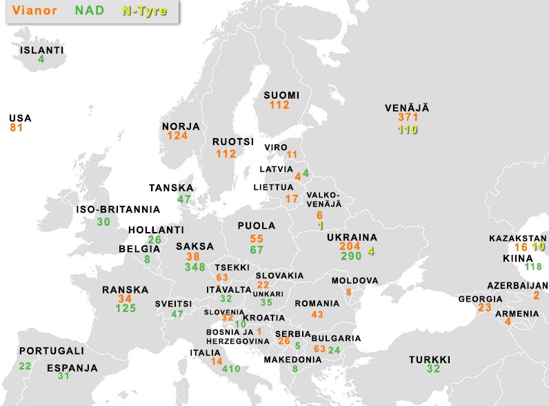 Nokian Renkaiden brändätty jakeluverkosto Vianor, NAD, N-Tyre +232 myyntipistettä 1 9/2017 Vianor 1 486 myyntipistettä 26 maassa 196 omaa ja 1 290 partneria -16 omaa, +1 partneria vrt. 31.12.