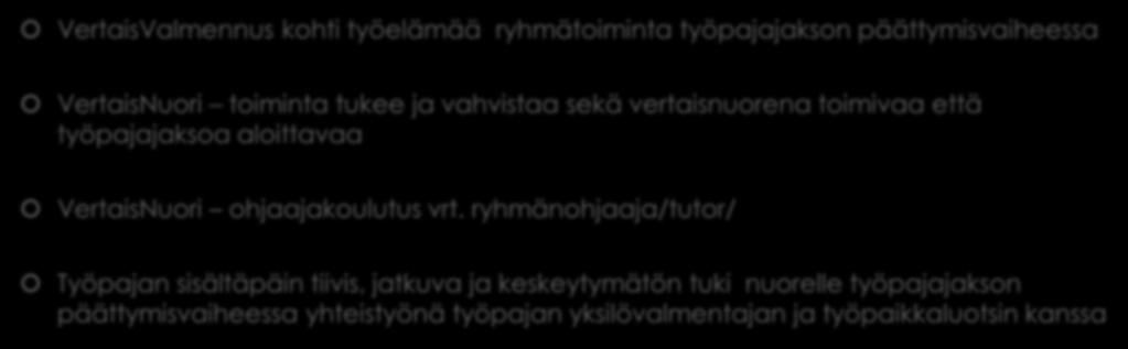 Hankkeessa tehdyt merkittävät huomiot 2/2 VertaisValmennus kohti työelämää ryhmätoiminta työpajajakson päättymisvaiheessa VertaisNuori toiminta tukee ja vahvistaa sekä vertaisnuorena toimivaa että