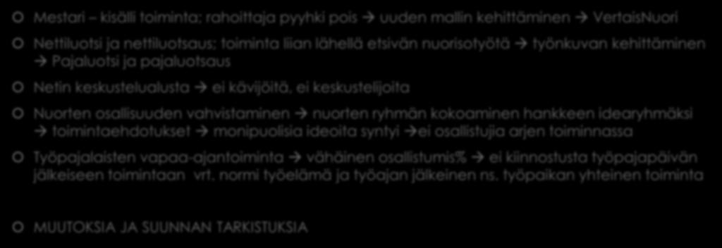 Nuorten VertaisVerstas: alun kivikoita ja oman polun etsintää Mestari kisälli toiminta; rahoittaja pyyhki pois uuden mallin kehittäminen VertaisNuori Nettiluotsi ja nettiluotsaus; toiminta liian