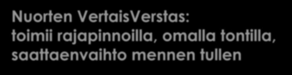 Nuorten VertaisVerstas: toimii rajapinnoilla, omalla tontilla, saattaenvaihto mennen tullen Toiminta aina yhteistyössä työpajan kanssa työpajan sisällä ja