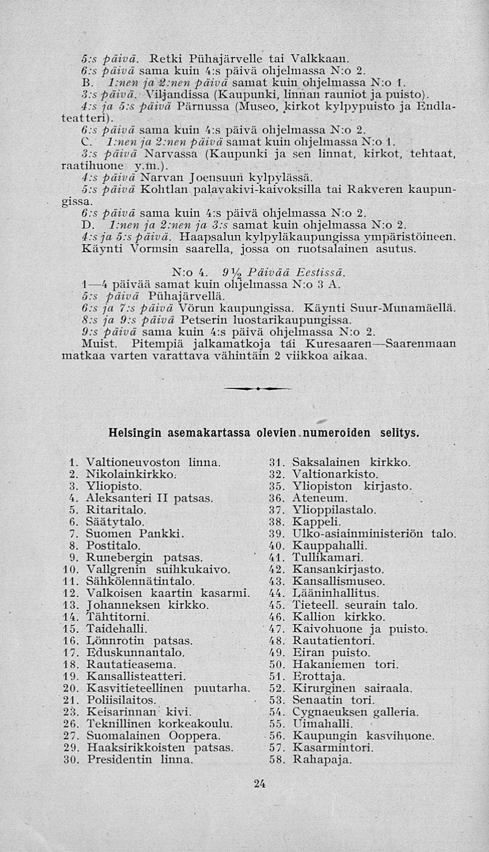 S:s päivä. Retki Piihajärvelle tai Valkkaan. 6:s päivä sama kuin 4:s päivä ohjelmassa N:o 2. B. l:nen ja 2:nen päivä samat kuin ohjelmassa N:o 1. 3:s päivä.