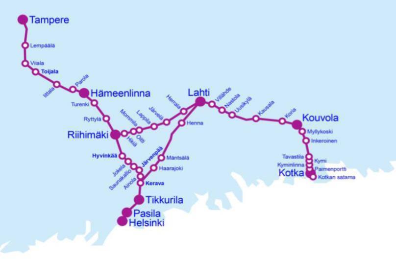 2(6) Järvenpää ja Hyvinkää Lahti Riihimäki Lahti Lahti Kouvola Kotka Kouvola Liikennöitävä alue sisältää yhteensä 425 ratakilometriä ja 42 liikennöitävää asemaa.