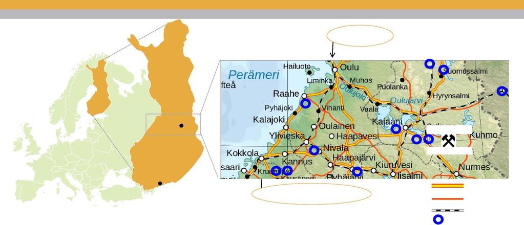 Kaivoksen sijainti Oulun satama Suomi Sotkamo Sotkamo Hopeakaivos Helsinki Boliden Zn-tehdas, Kokkola Pääväylä Tie Rautatie Muut kaivokset Hopeaa, kultaa, sinkkiä ja lyijyä sisältävä kaivos sijaitsee