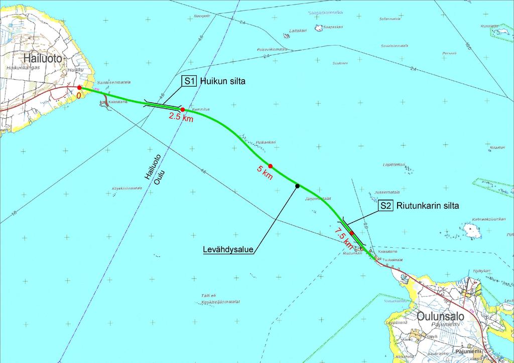 Tiesuunnitelman keskeiset ratkaisut Rakennettavan tieyhteyden kokonaispituus 7,7 km Maapengertä 6,2 km Kaksi siltaa yhteensä 1,5 km Kiviainestarve noin yksi miljoonaa kuutiometriä Tien geometria