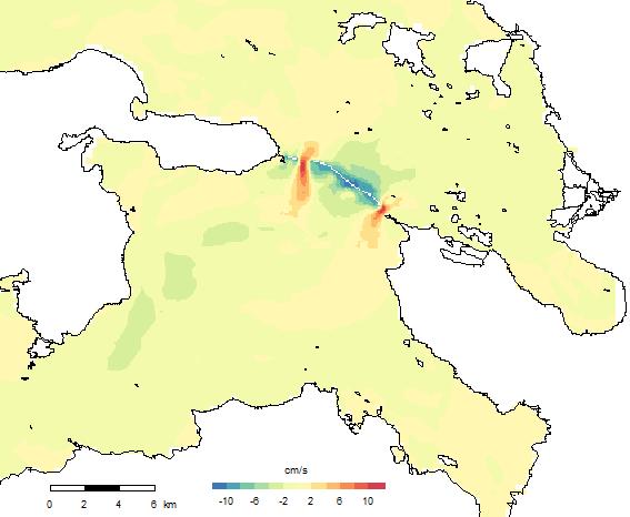 V1-V0: muutoksia virtaamassa Virtausnopeusmuutos, V1-V0 Etelätuuli 6 m/s Läpivirtaama